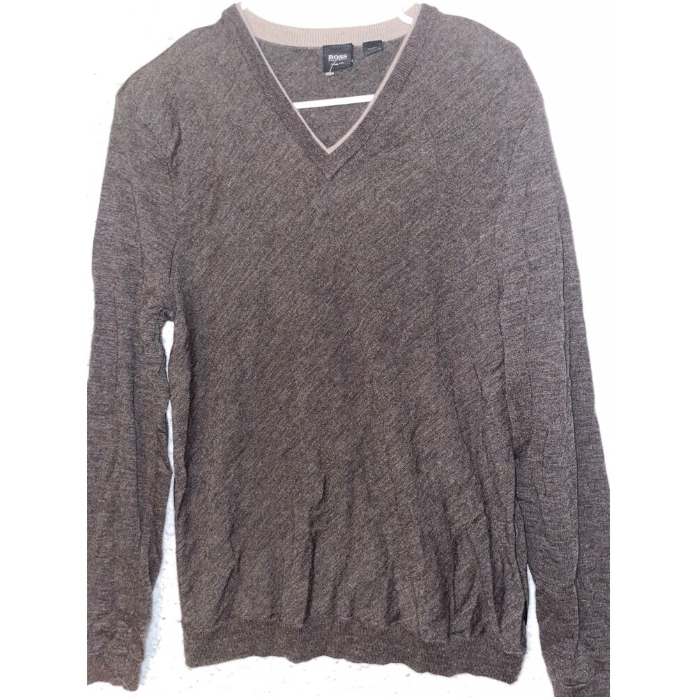 Hugo Boss 100% Virgin Wool Brown Lightweight V-neck Sweater Long Sleeve Slim fit